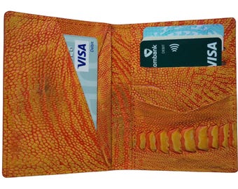Orange Luxury Minimalist Mini Slim Double Sides Ostrich Leg Leather Bifold Card Case Mens, Card Holder Wallet, Men Wallet