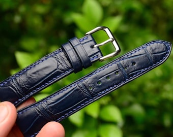 Correa de reloj de lujo para hombre, hecha a mano, de piel de caimán auténtica azul marino, correa de reloj de cuero, correa de reloj personalizada, correa de caimán personalizada.