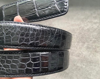 Men's Automatic Buckle Belt - Alligator Print Leather, No-Hole Adjustable, 130cm Length (Black) - View #3