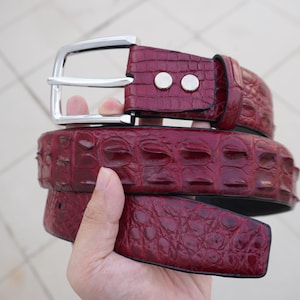 Burgundy Genuine Alligator Horn Leather Skin Men&#39;s Belt W 1.5 Inch With Pin Buckle/ Birthday Gifts Men/ Gifts For Him/ Mens Leather Belt