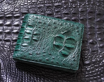 Cartera plegable de piel de caimán verde de doble cara para hombre/Cartera personalizada para hombre/Regalo de aniversario para él/Cartera para hombre