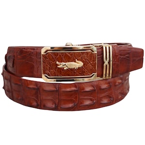 Cognac Genuine Alligator Horn Leather Skin Men&#39;s Belt W 1.5 Inch With Automatic Buckle/ Birthday Gifts Men/ Gifts For Him/ Mens Leather Belt
