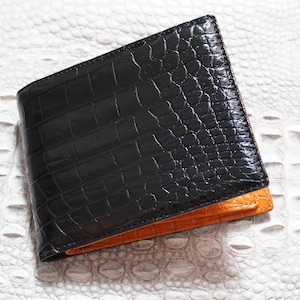 Doppelseitig schwarz-orange Alligator Bauchleder Brieftasche mit ID-Klappe / personalisierte Brieftasche für Männer / Jubiläumsgeschenk für ihn / Herrenbrieftasche