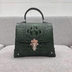 GreenGenuine Alligator Leather Skin Women&#39;s Purse With Strap, Top Handle Bag, Luxury Leather Bag For Her