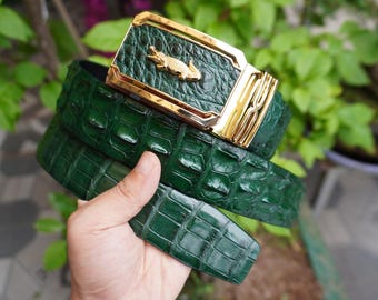 Green Alligator Leather Men's Belt: Handcrafted Ratchet Automatic Buckle, 1.5 Inch
