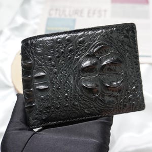 Carteira de couro de chifre de jacaré preto com dois lados e bolso para moedas/carteira personalizada/presente de aniversário para ele/carteira personalizada