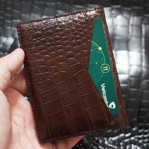 Tarjetero minimalista de lujo marrón, mini, delgado, de doble cara, de piel de cocodrilo, plegable, para hombre, tarjetero, cartera para hombre, tarjetero para identificación