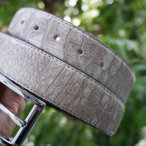 May include: A light gray belt with a textured, crocodile-like pattern. The belt has a silver-colored buckle and several holes for adjustment. The background is blurred green foliage.