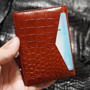 Tarjetero minimalista de lujo color coñac, mini, delgado, de doble cara, de piel de cocodrilo, plegable, para hombre, tarjetero, cartera para hombre, tarjetero para identificación