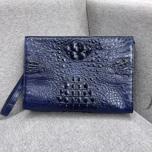 Cocodrilo azul marino Piel de cuero genuino Clutch-Regalo para él-Embrague de cuero hecho a mano