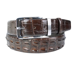 May include: A brown leather belt with a crocodile pattern and a silver buckle.