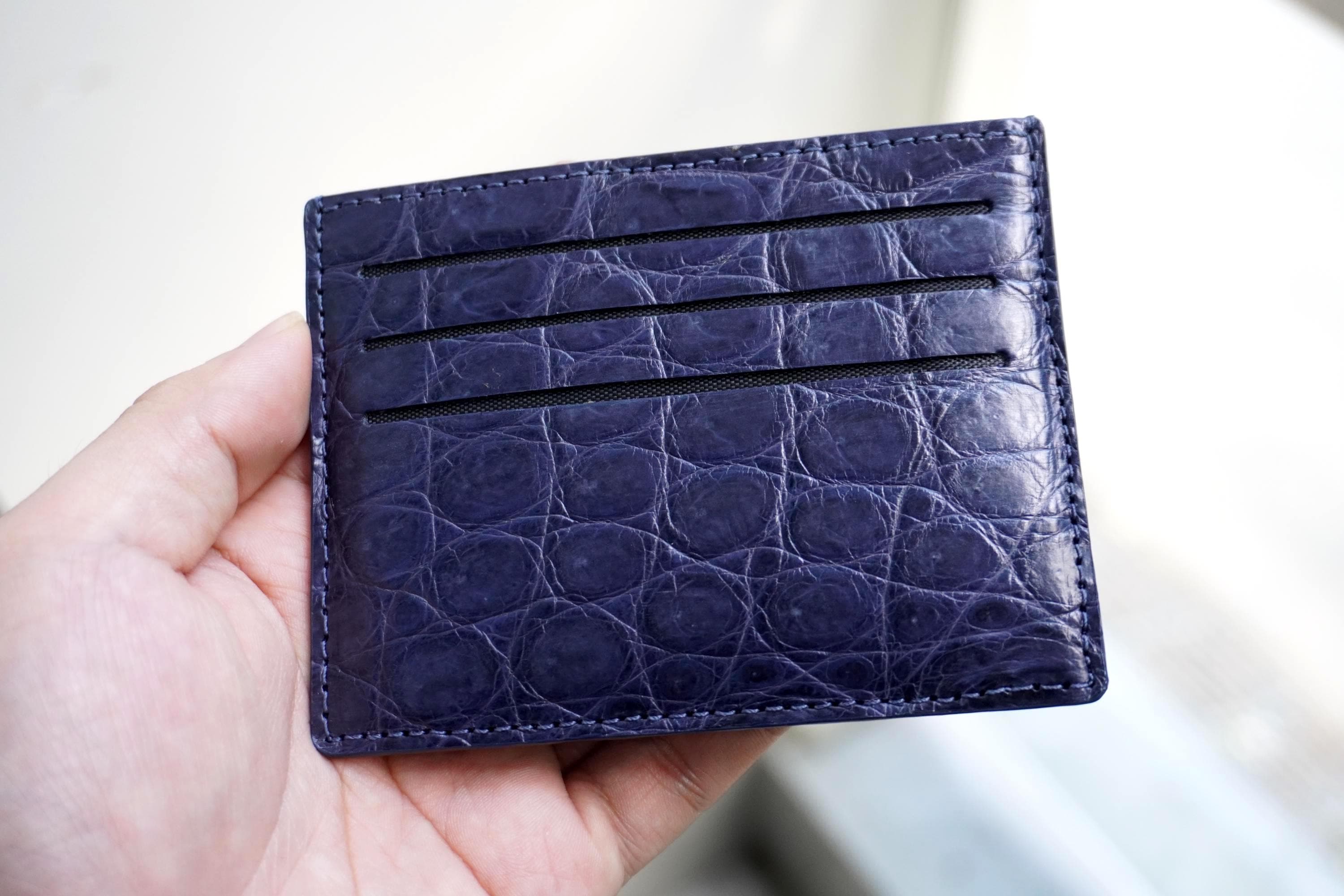 Navy Blue Minimalist Credit Card Holder Alligator Belly Leather Thin Double Side Slim Handmade Exotic Leather Wallet