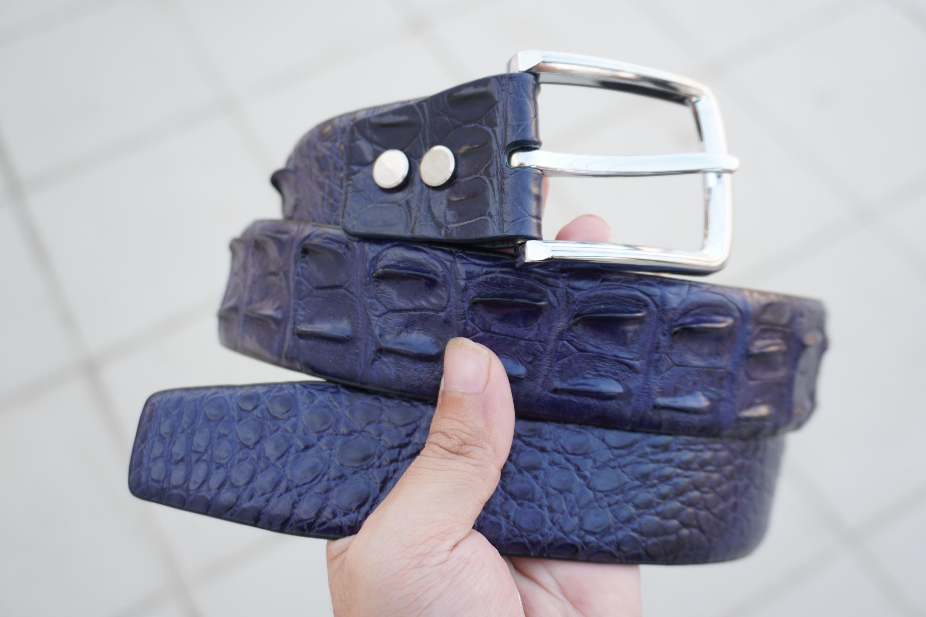 Navy Blue Handmade Genuine Alligator Horn Leather Skin Men's Belt