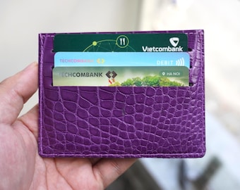 Paarse minimalistische creditcardhouder Alligator buikleer dunne dubbelzijdige slanke handgemaakte exotische leren portemonnee