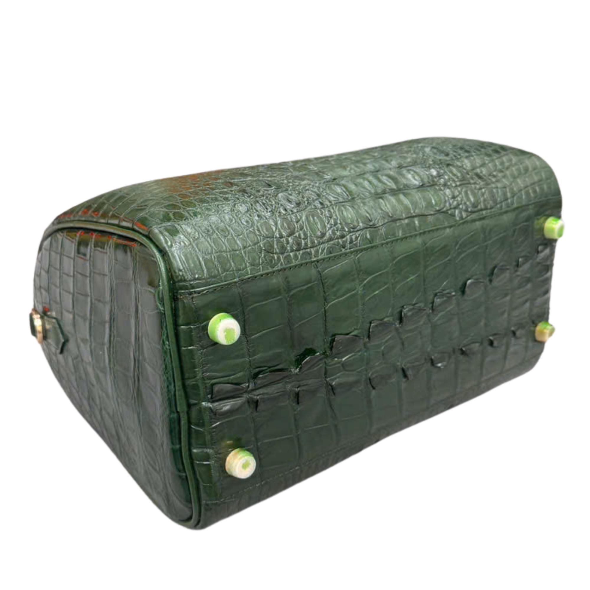 XL Dark Emerald GREEN Alligator Belly Skin Handbag - NEIMAN  Green with alligator print on side, the shape of an alligator on front of bag main image 1