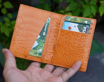 Orange Luxury Minimalist Mini Slim Double Sides Alligator Belly Leather Bifold Card Case Men/ Card Holder Wallet/ Men Wallet/ ID Card Wallet