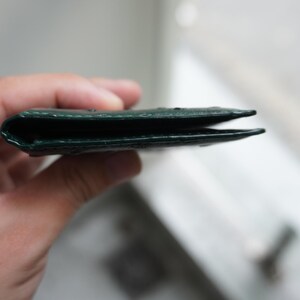 May include: A dark green leather wallet, held open to reveal the interior. The wallet appears to be made of a textured material. The edges are neatly stitched. The wallet is held in a hand.