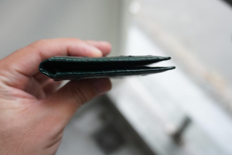 May include: A dark green leather wallet, held open to reveal the interior. The wallet appears to be made of a textured material. The edges are neatly stitched. The wallet is held in a hand.