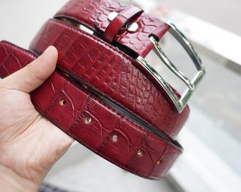 Burgundy Alligator Leather Belt - Removable Buckle - 1.5 Inch