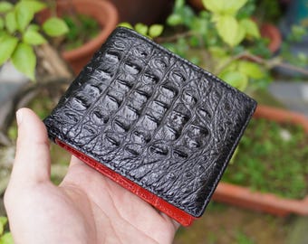 Double Sides Black-Red Alligator Horn Leather Wallet With ID Flap/ Personalized Wallet For Men/ Anniversary Gift For Him/Mens Wallet