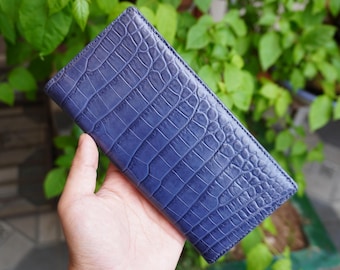 Double Side Navy Blue Alligator Genuine Leather Skin Unisex Long Wallet, Card Holder Wallet, Men Wallet, Gift for Him