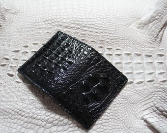 Black-Navy Blue Luxury Minimalist Mini Slim Double Side Alligator Horn Leather Bifold Card Case Men/ Card Holder Wallet/ ID Card Wallet