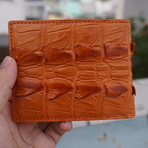 Cartera plegable de piel auténtica con cola de cocodrilo naranja para hombre, cartera de piel exótica de primera calidad, regalo para él