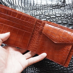 Cartera plegable de piel de asta de caimán color coñac de doble cara con monedero/Cartera personalizada/Regalo de aniversario para él/Cartera personalizada