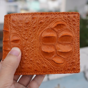 Cartera plegable de piel auténtica de cocodrilo naranja para hombre, cartera de piel exótica de primera calidad, regalo para él