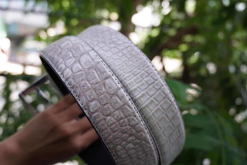 May include: A light gray belt with a textured, crocodile-like pattern. The belt is made of a durable material and features a silver-colored buckle. The design is suitable for both casual and formal wear.