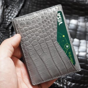 Tarjetero minimalista de lujo gris, mini, delgado, de doble cara, de piel de cocodrilo, plegable, para hombre, tarjetero, billetera para hombre, tarjetero para identificación