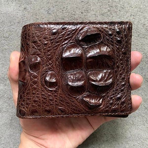 Cartera plegable de piel auténtica de asta de cocodrilo marrón para hombre, cartera de piel exótica de primera calidad, regalo para él