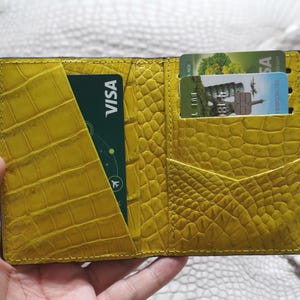 Navy Blue-Yellow Luxury Minimalist Mini Slim Double Side Alligator Horn Leather Bifold Card Case Men/ Card Holder Wallet/ ID Card Wallet
