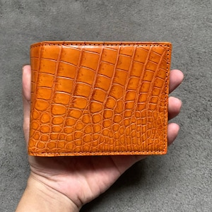 Oranje Alligator Belly lederen heren bifold portemonnee, premium exotische lederen portemonnee, cadeau voor hem
