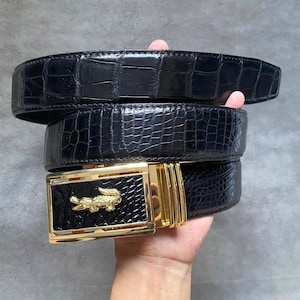 Cinturón de hombre de piel de cocodrilo negro de 1,3 pulgadas con hebilla automática, regalo para él, cinturón de cuero exótico premium, regalo de San Valentín