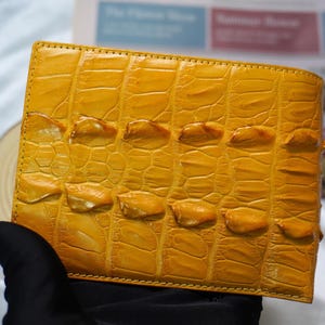 Portefeuille double face en cuir d'alligator jaune fait main avec pochette pour carte d'identité/portefeuille personnalisé pour homme/cadeau d'anniversaire/portefeuille pour homme
