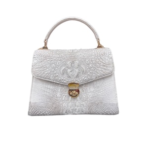 Cartera de piel de cocodrilo auténtica blanca para mujer, bolso con asa superior, bolso de piel de lujo para ella