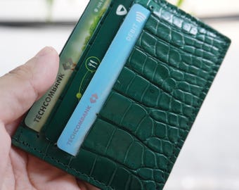Green Minimalist Credit Card Holder Alligator Leather Thin Double Side Slim Handmade Exotic Leather Wallet