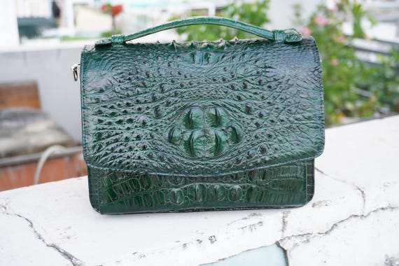 Green Alligator Genuine Leather Skin Women's Handbag With Silver