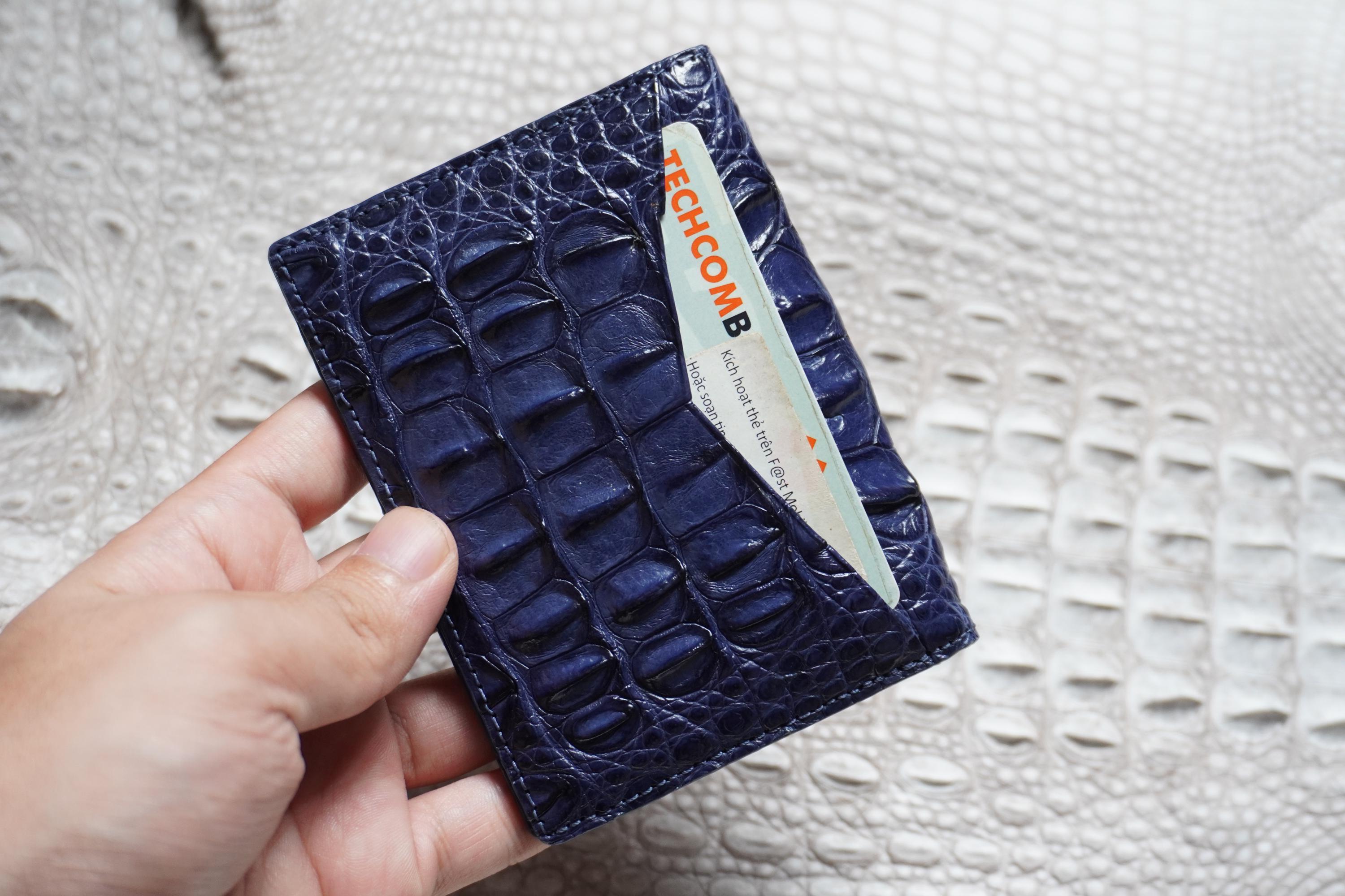 Granatowy luksusowy minimalistyczny mini smukły dwustronny skórzany aligator róg etui na karty składane męskie/ portfel na karty/ portfel męski/ portfel na dowód osobisty