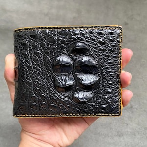 Cartera plegable para hombre de cuero genuino con cuerno de cocodrilo negro, cartera de cuero exótico premium, regalo para él