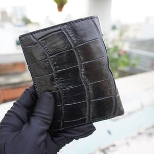 Cartera plegable de piel de cocodrilo negra para hombre/cartera personalizada para hombre/regalo de aniversario para él/cartera para hombre/cartera de cuero de lujo