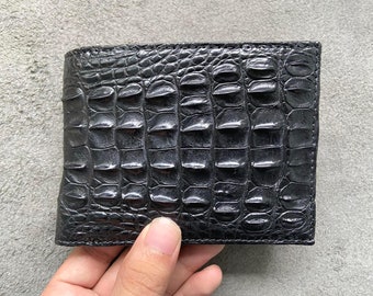 Cartera plegable de piel de cocodrilo auténtica negra de doble cara para hombre, cartera de piel exótica de primera calidad, regalo para él