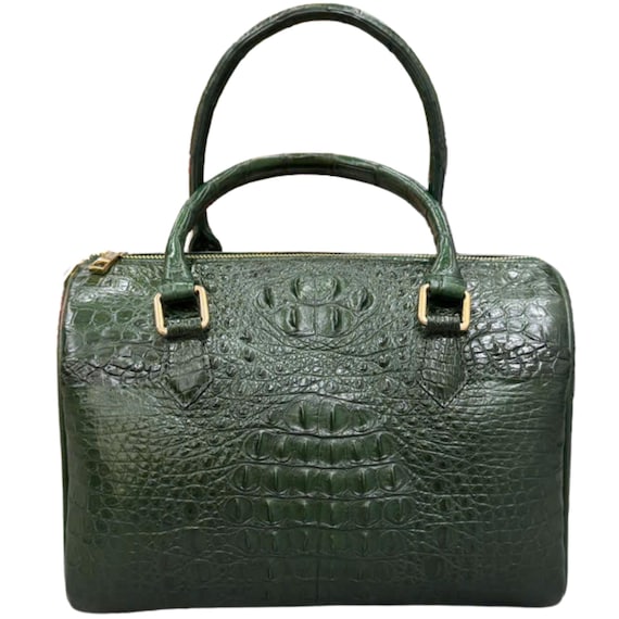 XL Dark Emerald GREEN Alligator Belly Skin Handbag - NEIMAN  Green with alligator print on side, the shape of an alligator on front of bag display picture 1
