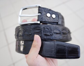 Black Genuine Alligator Horn Leather Skin Men's Belt W 1.3 Inch With Removable Screws Pin Buckle/ Birthday Gifts Men/ Mens Leather Belt