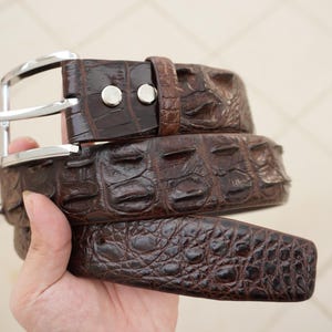 May include: A brown leather belt with a silver buckle. The belt is made of crocodile skin and has a textured pattern.
