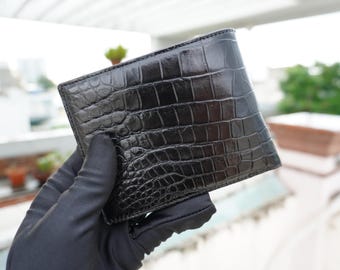 Cartera plegable de piel de cocodrilo negra para hombre/cartera personalizada para hombre/regalo de aniversario para él/cartera para hombre/cartera de cuero de lujo
