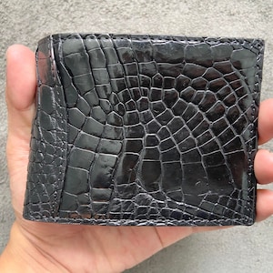 Zwarte alligator lederen huid portemonnee heren dubbelgevouwen geldclips, handgemaakte lederen geldclips, cadeau voor hem, valentijnscadeaus
