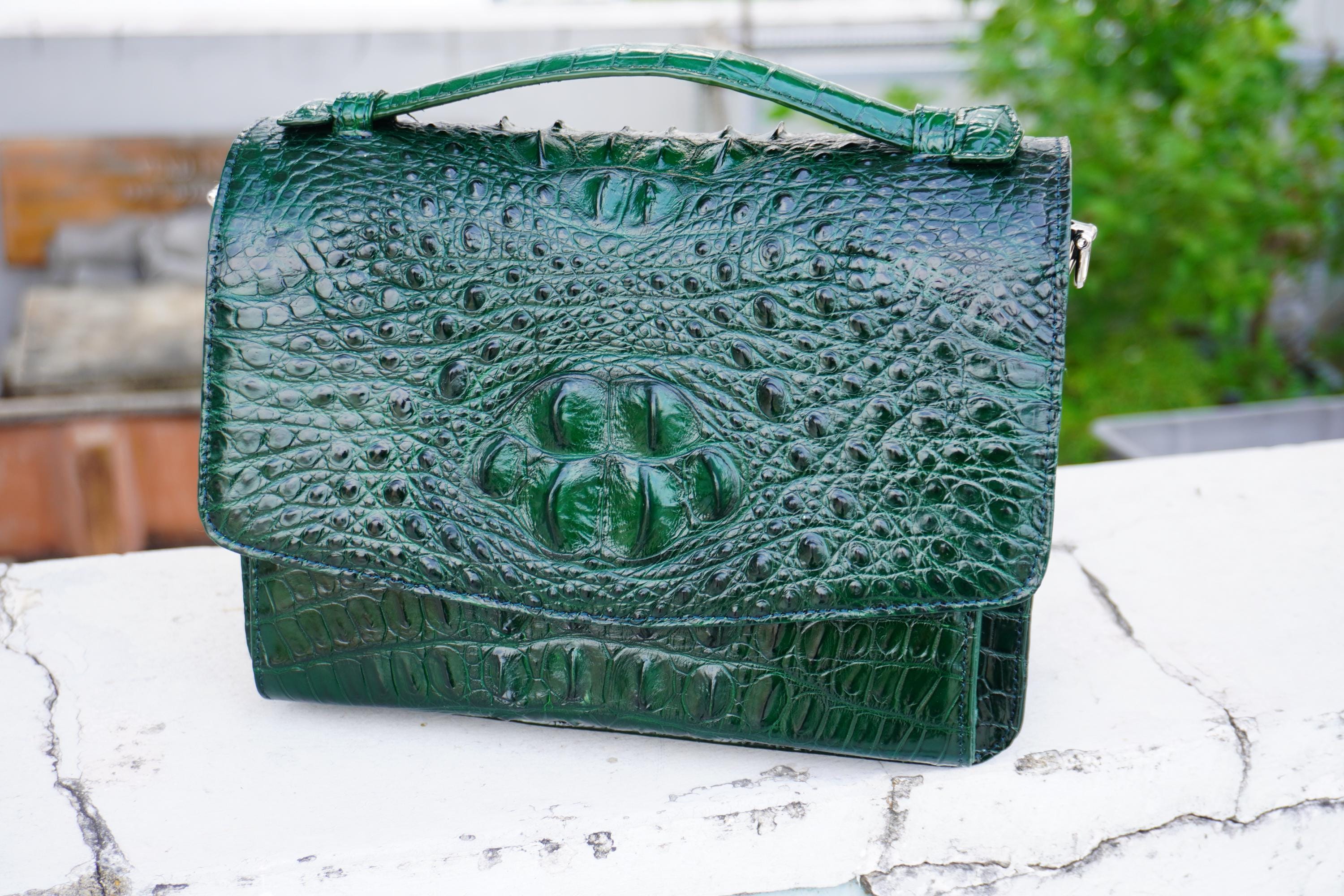 Green Alligator Genuine Leather Skin Women's Handbag With Silver