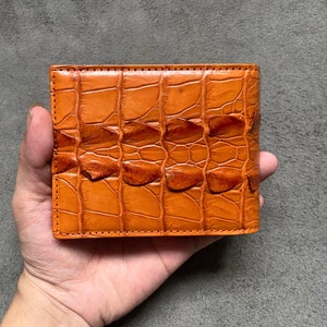 Portefeuille à deux volets pour hommes en cuir véritable avec queue arrière en alligator orange, portefeuille en cuir exotique haut de gamme, cadeau pour lui